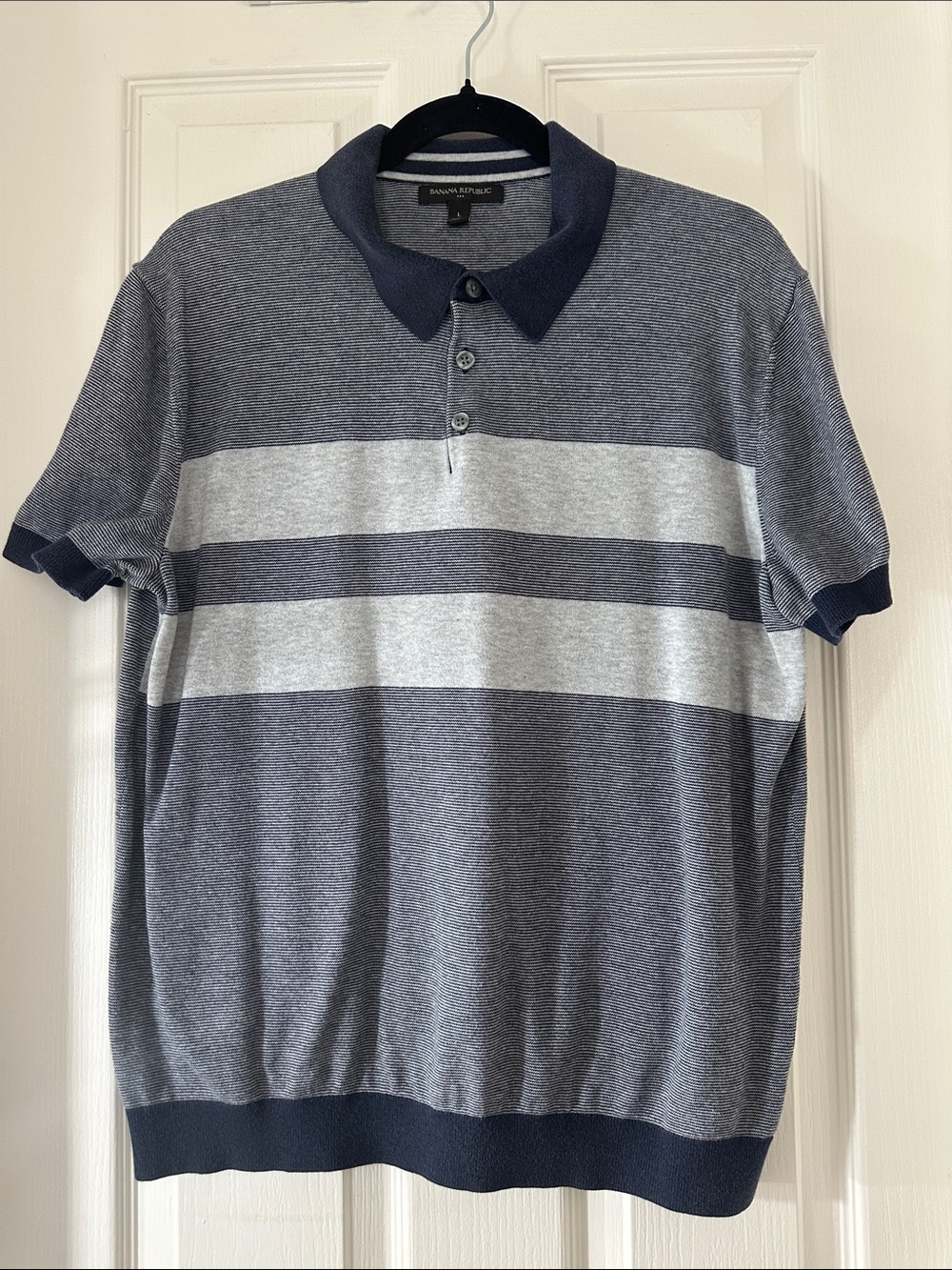 Banana Republic Men's Navy and Gray Striped Polo
